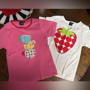Mini Boden girls short sleeve appliqué tees, teacups, strawberry size 13-14Y
